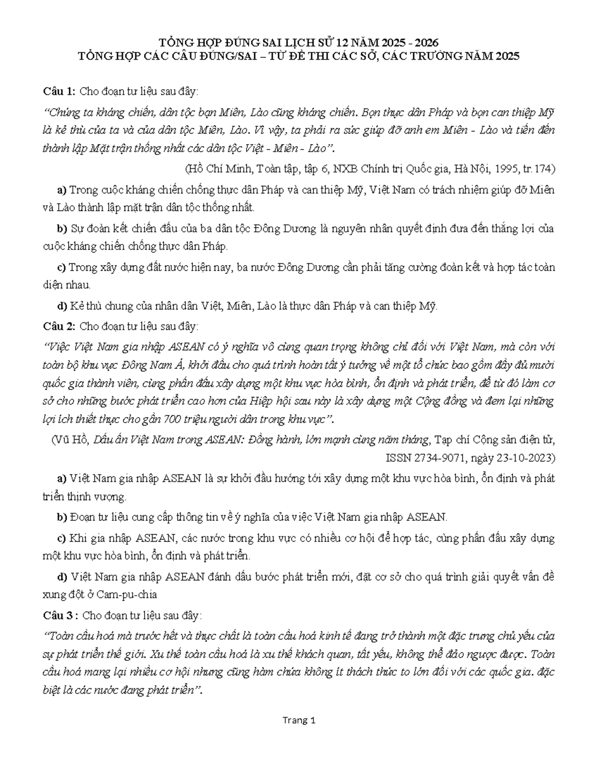 TỔNG HỢP ĐÚNG SAI LỊCH SỬ 12 NĂM 2025-2026: CÁC CÂU HỎI THI THAM KHẢO - Document Preview