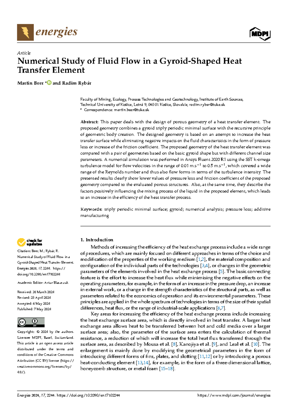 Numerical Study of Fluid Flow in Heat Transfer Element (ENGR 2024 ...