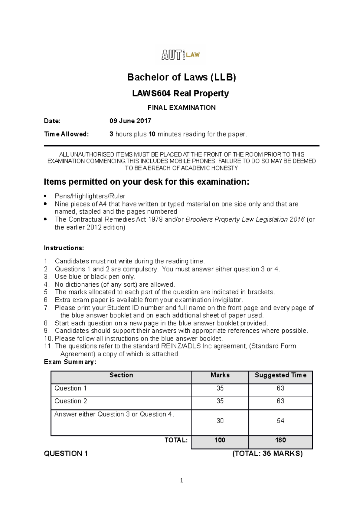 Real Property exam 2017- Notes - Bachelor of Laws (LLB) LAWS604 Real ...