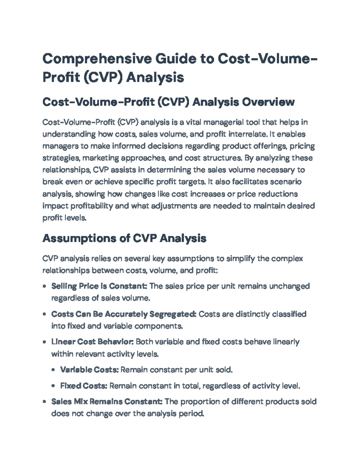 Cost-Volume-Profit (CVP) Analysis and Breakeven Calculations for ...