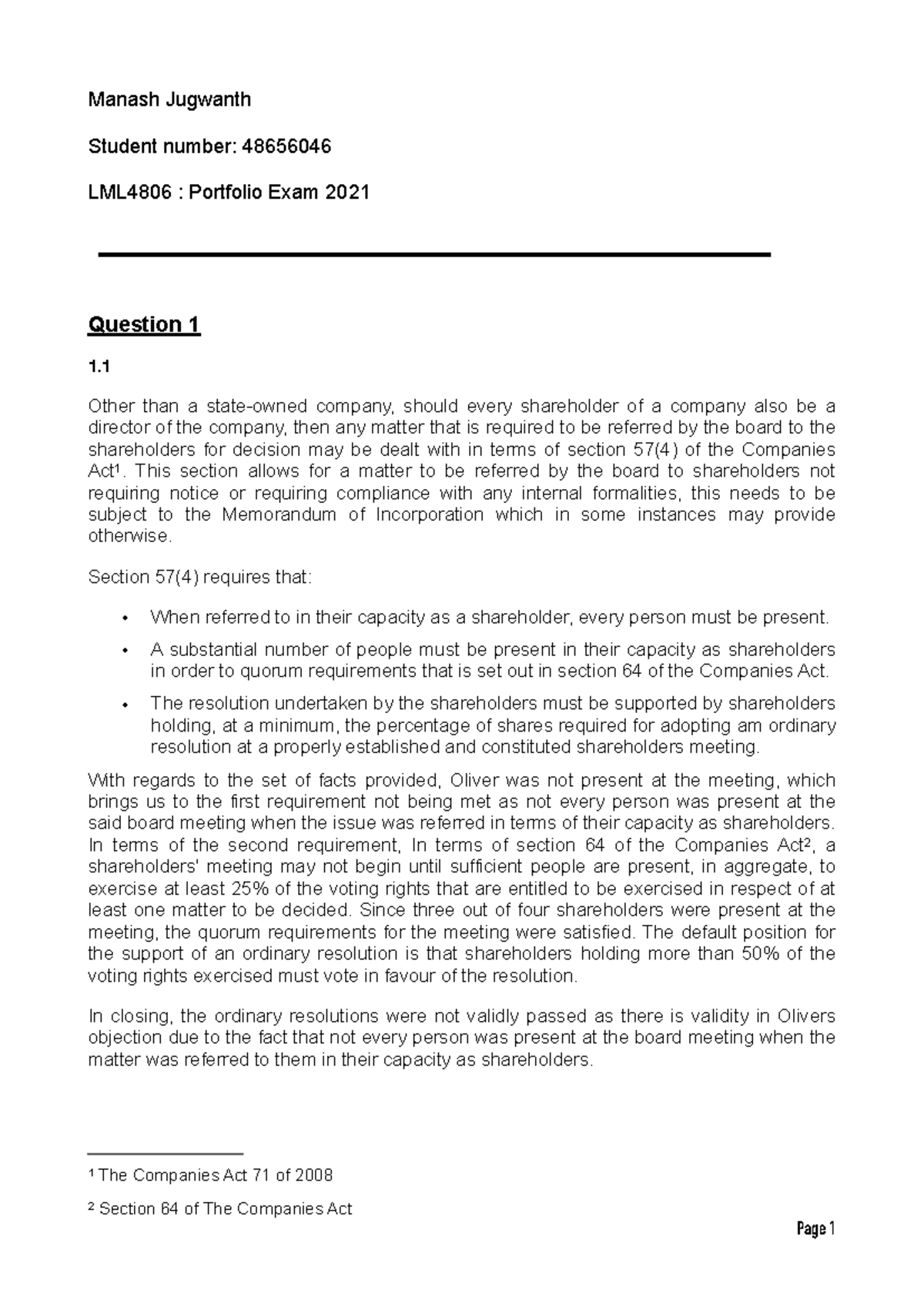 LML4806: Company Law Portfolio Exam Insights and Analysis 2021 - Studocu