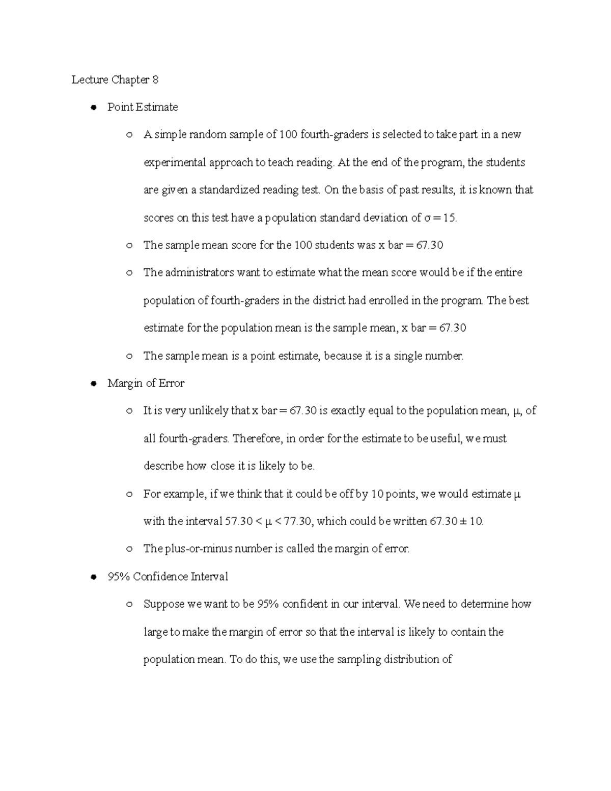 Lecture Notes on Confidence Intervals & Hypothesis Testing (Ch 8-9 ...