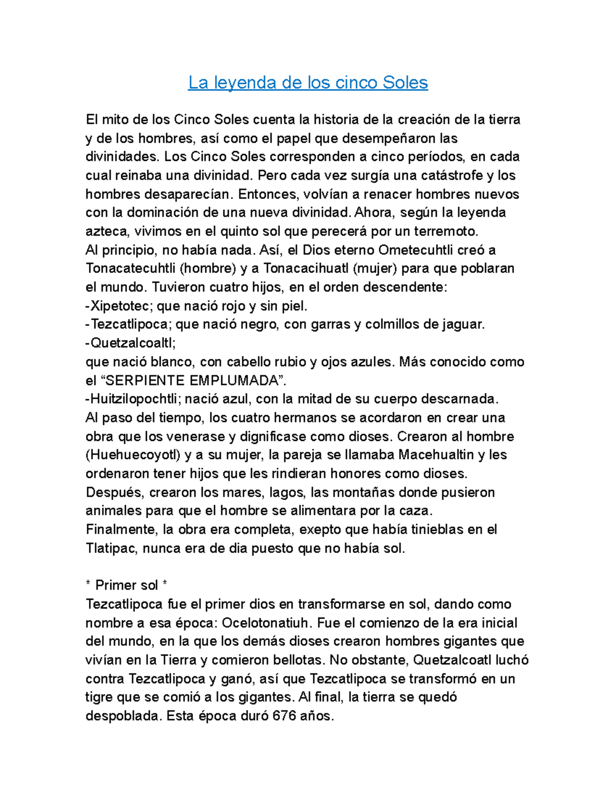 La leyenda azteca de los Cinco Soles y su creación del mundo - Studocu