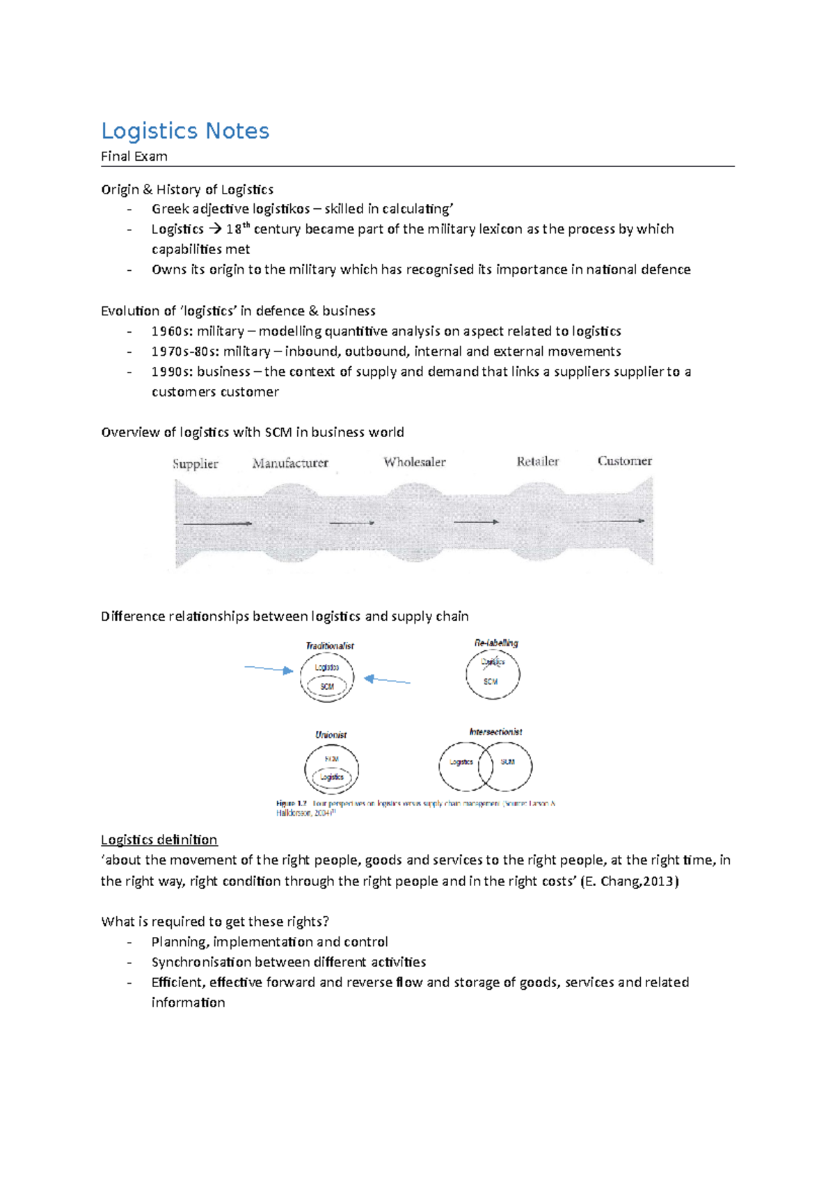 Logistics Management Course Notes (Final Exam) - Comprehensive Overview ...