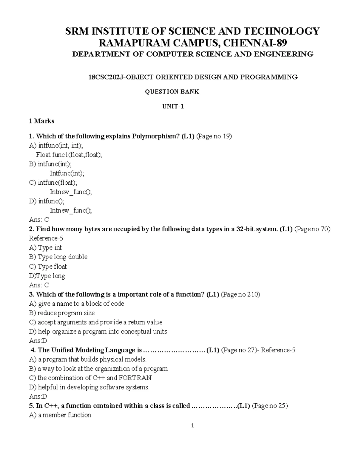 Question Bank for 1904010 - Object Oriented Programming (VII Sem) - Studocu