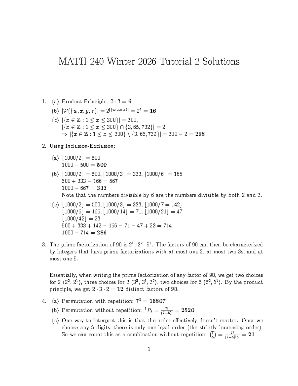 MATH 240 Winter 2026 Tutorial 2 Solutions and Explanations - Studocu