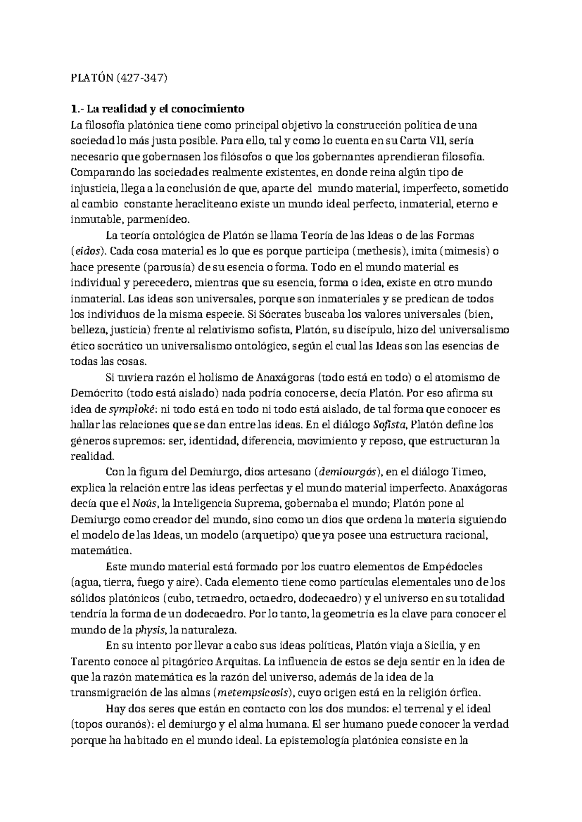 PLATÓN: La Realidad y el Conocimiento en la Filosofía (FIL-101) - Studocu