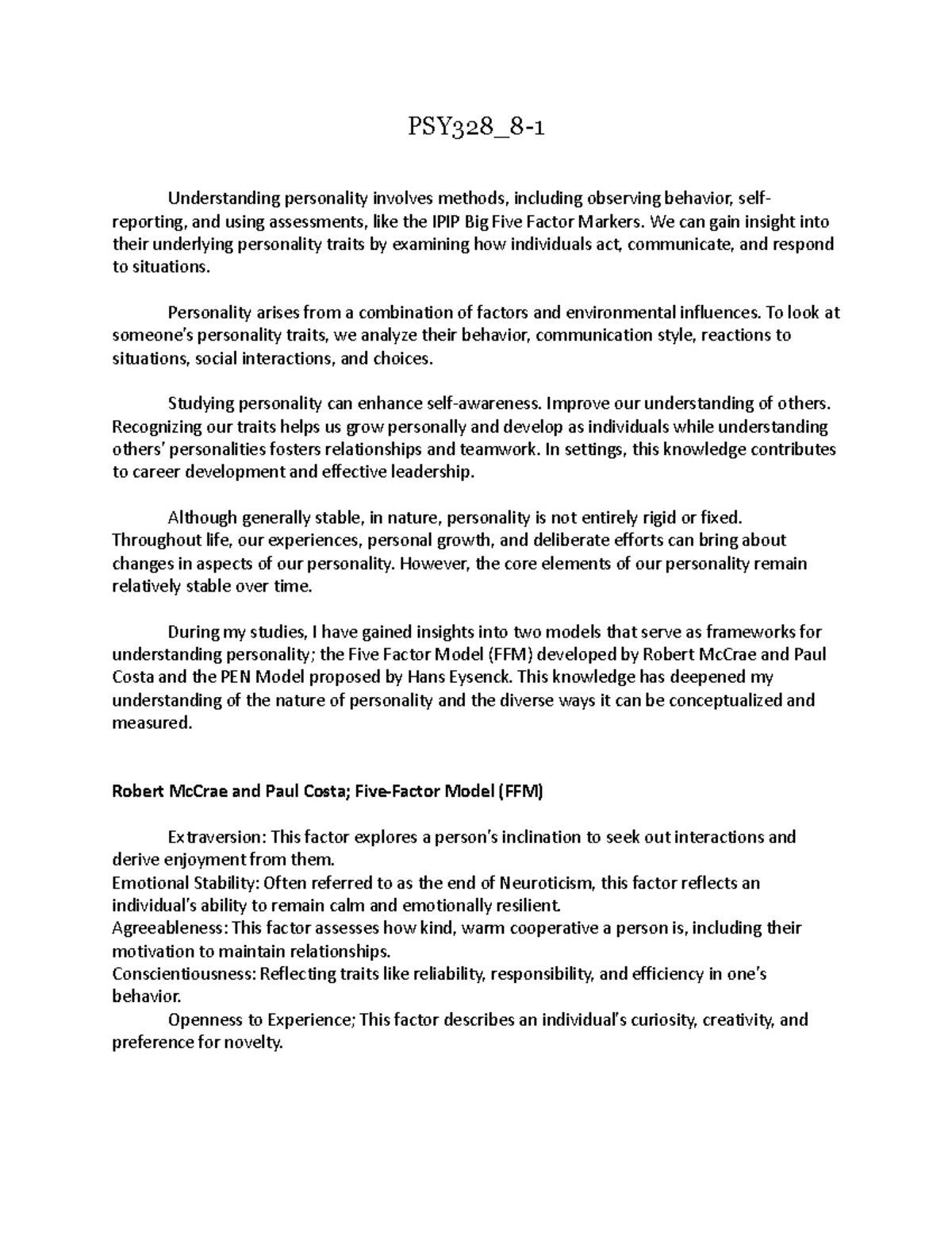 PSY328 8-2 - Assignment 8-2 - PSY328_8- Understanding personality ...
