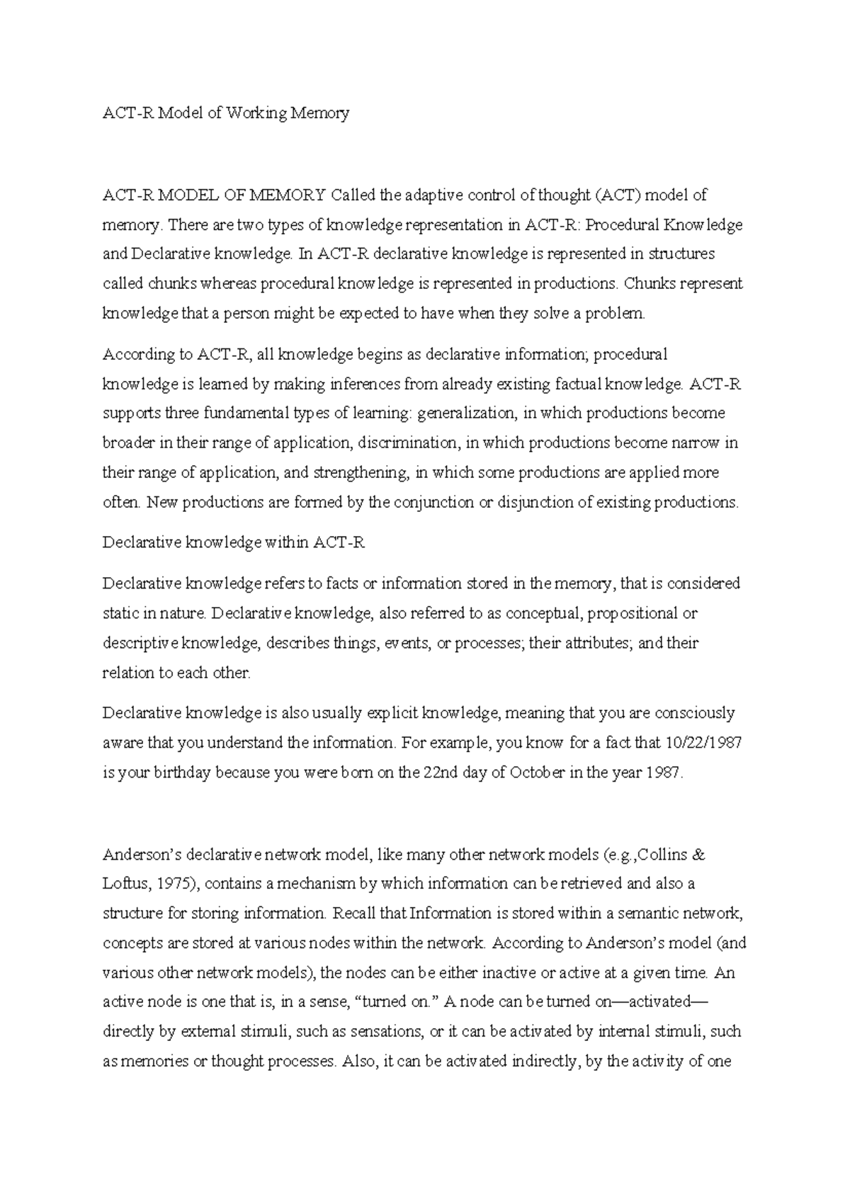 ACT-R Model: Working Memory and Knowledge Representation Notes - Studocu