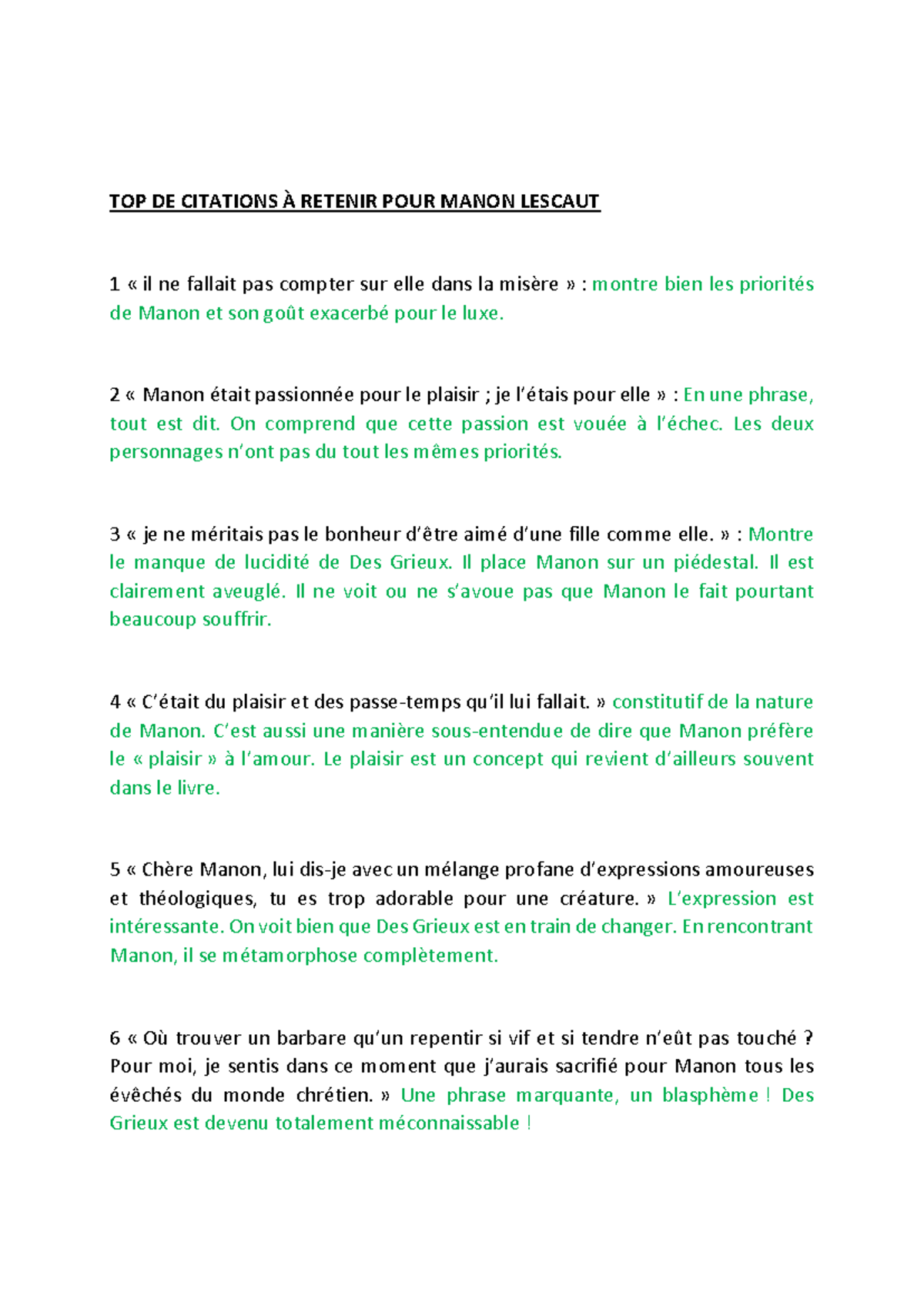 Analyse des 20 Citations Clés dans "Manon Lescaut" - Dissertation - Studocu