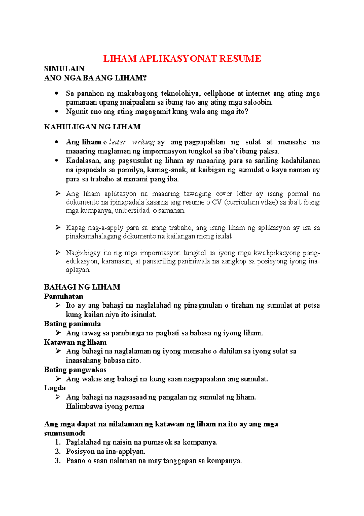 Liham Aplikasyon at Resume: Kahalagahan sa FILI 151 - Studocu