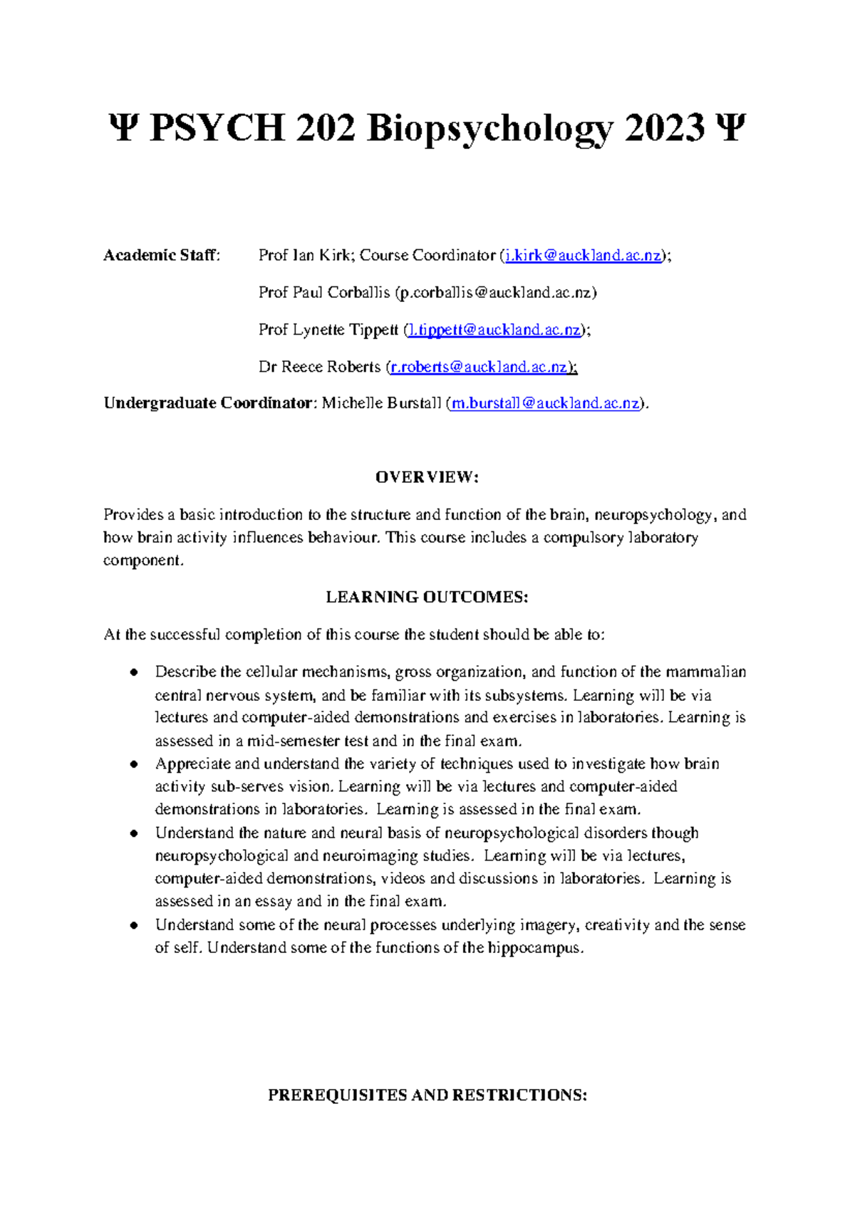 Ψ PSYCH 202 Biopsychology Course Outline and Learning Outcomes - Studocu