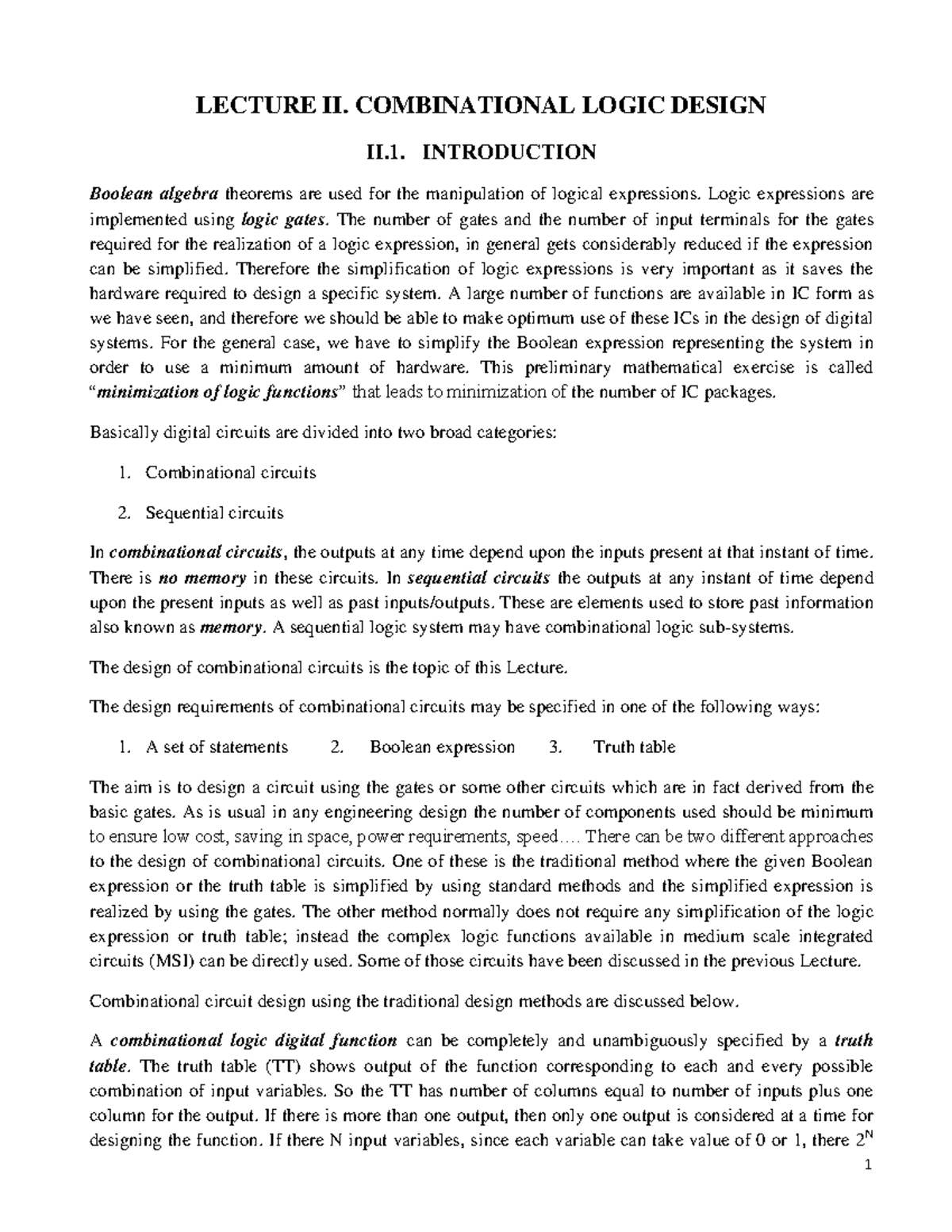 LECTURE II. COMBINATIONAL LOGIC DESIGN: AN INTRODUCTION - Studocu