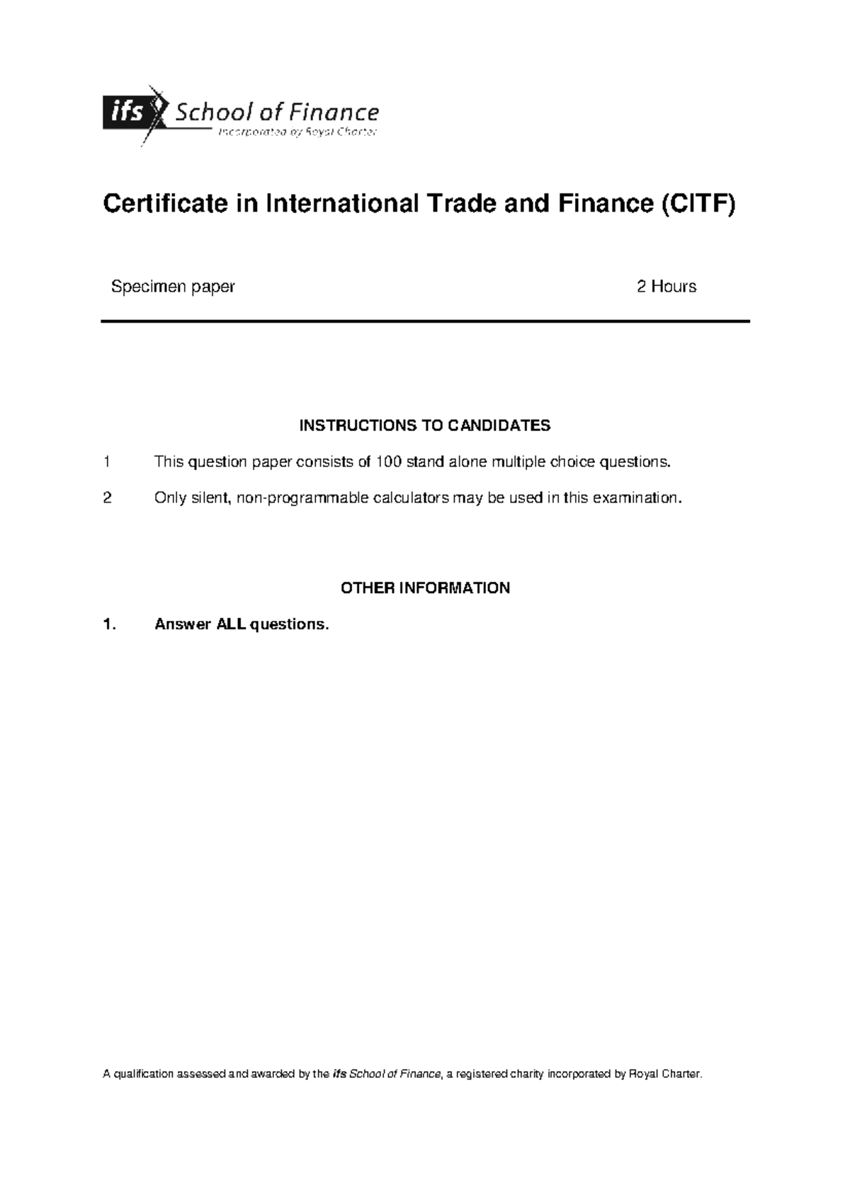 CITF Specimen Paper - International Trade & Finance - Studocu