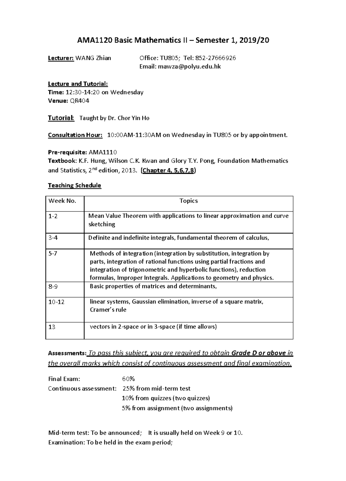 AMA1120 - Basic Mathematics II Course Outline & Teaching Schedule - Studocu