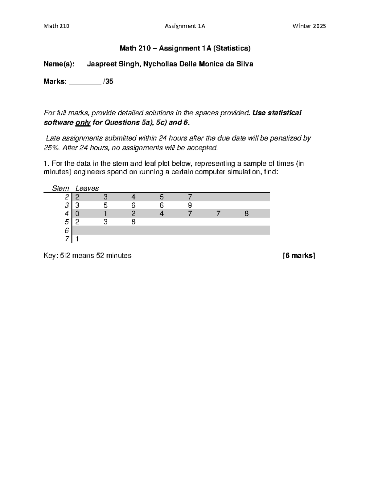 Math 210 - Assignment 1A - Statistics - Winter 2025 - Group 8 - Math ...