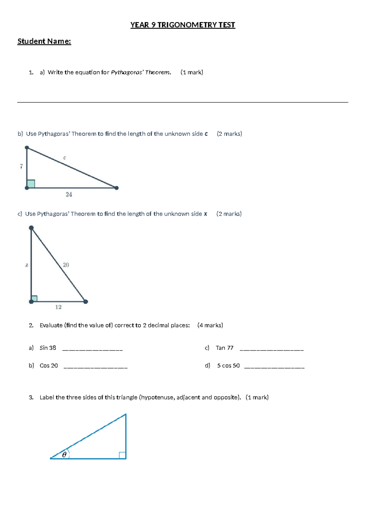 Yr 9 Trigonometry Test - Practice & Revision for Foundation Maths 12 ...