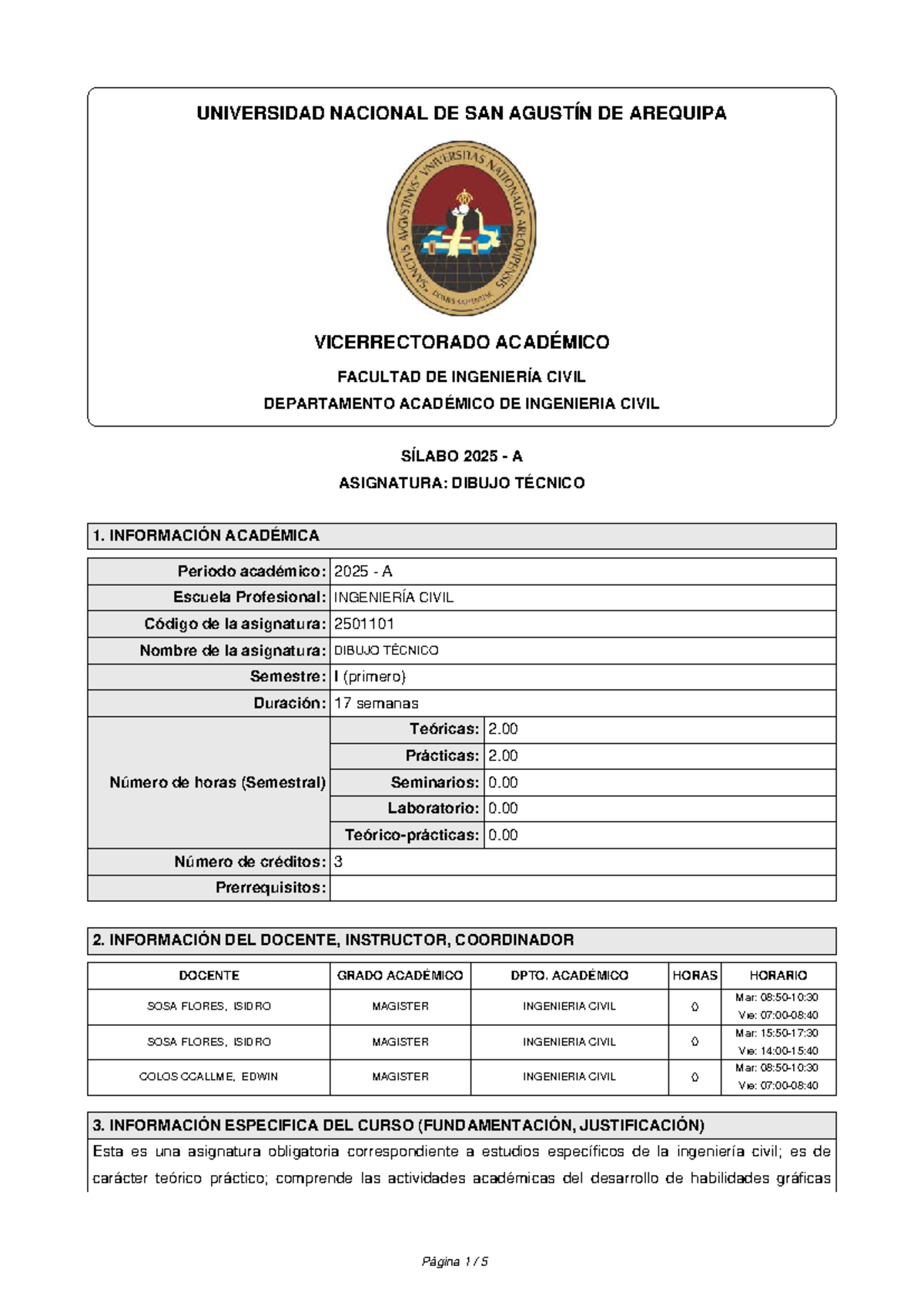 Sílabo 2025 A - Dibujo Técnico 1 (Código 2501101) - Document Preview