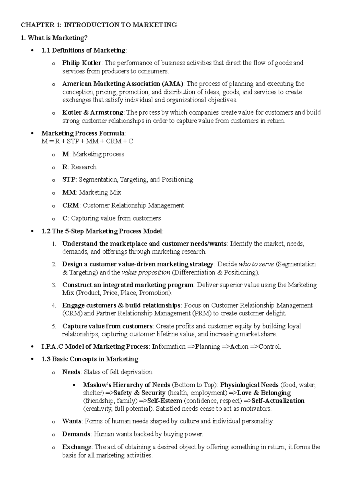 Principles of Marketing Notes: Chapter 1-5 Overview - Studocu