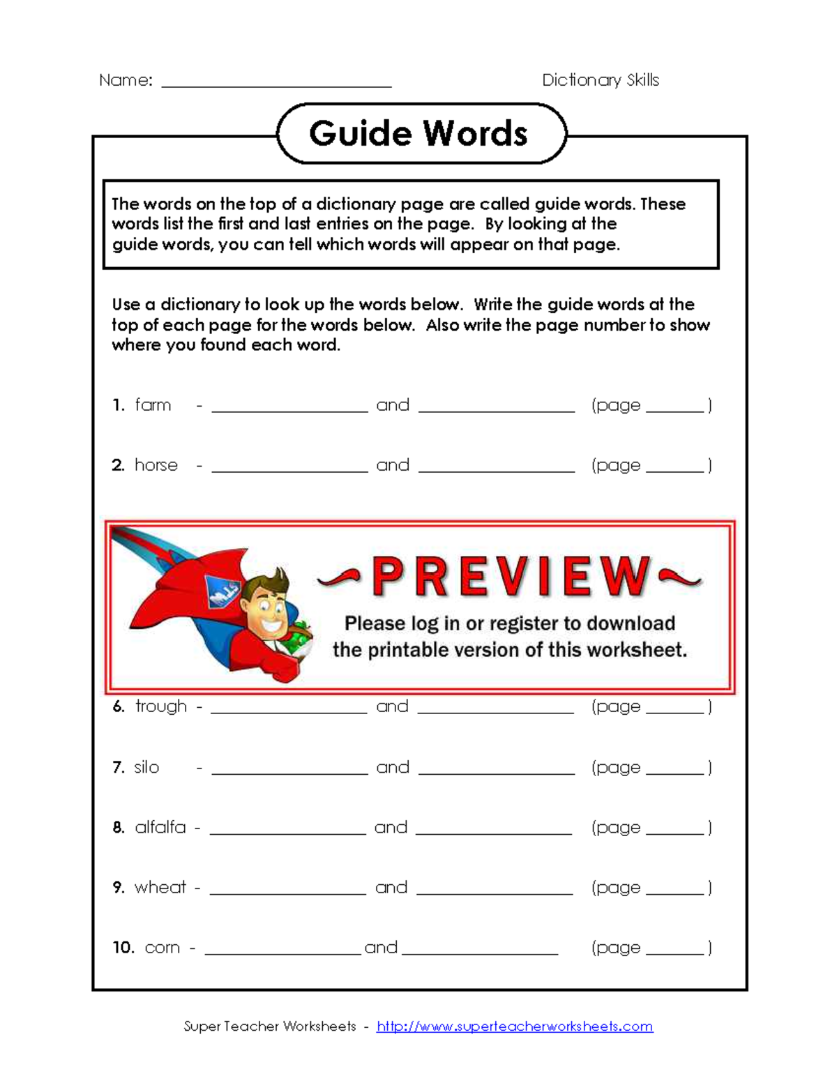 Dictionary Skills Guide Words Exercise 3 - Studocu