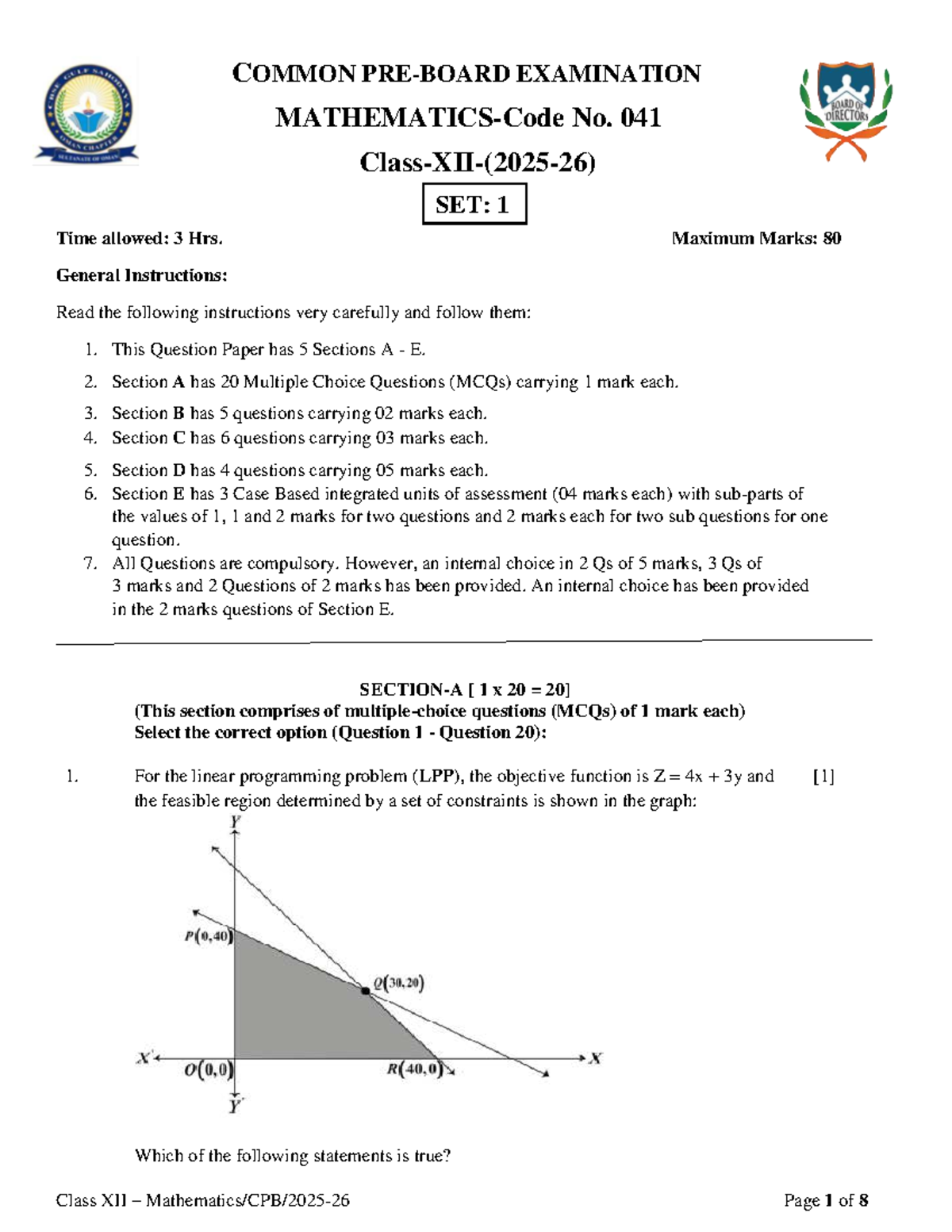 Class XII Mathematics Common Examination QP Set 1 - Studocu