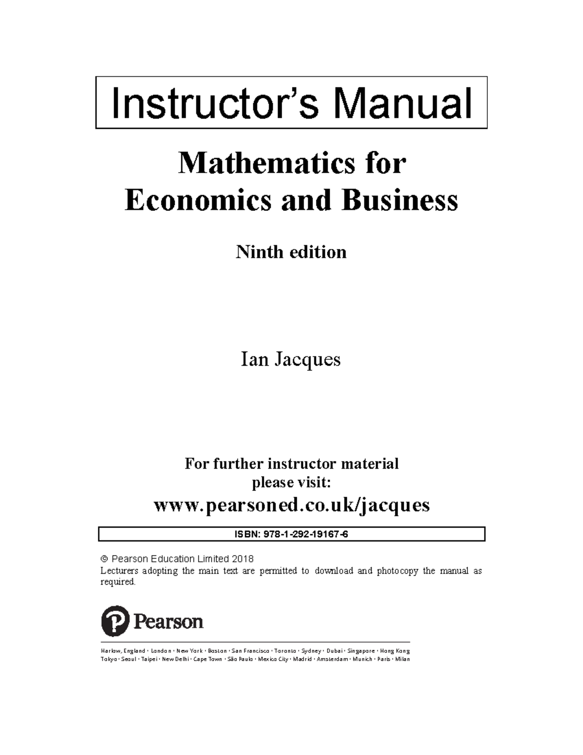 Mathematics for Economics and Business 9th Ed. Jacques Solutions Manual ...