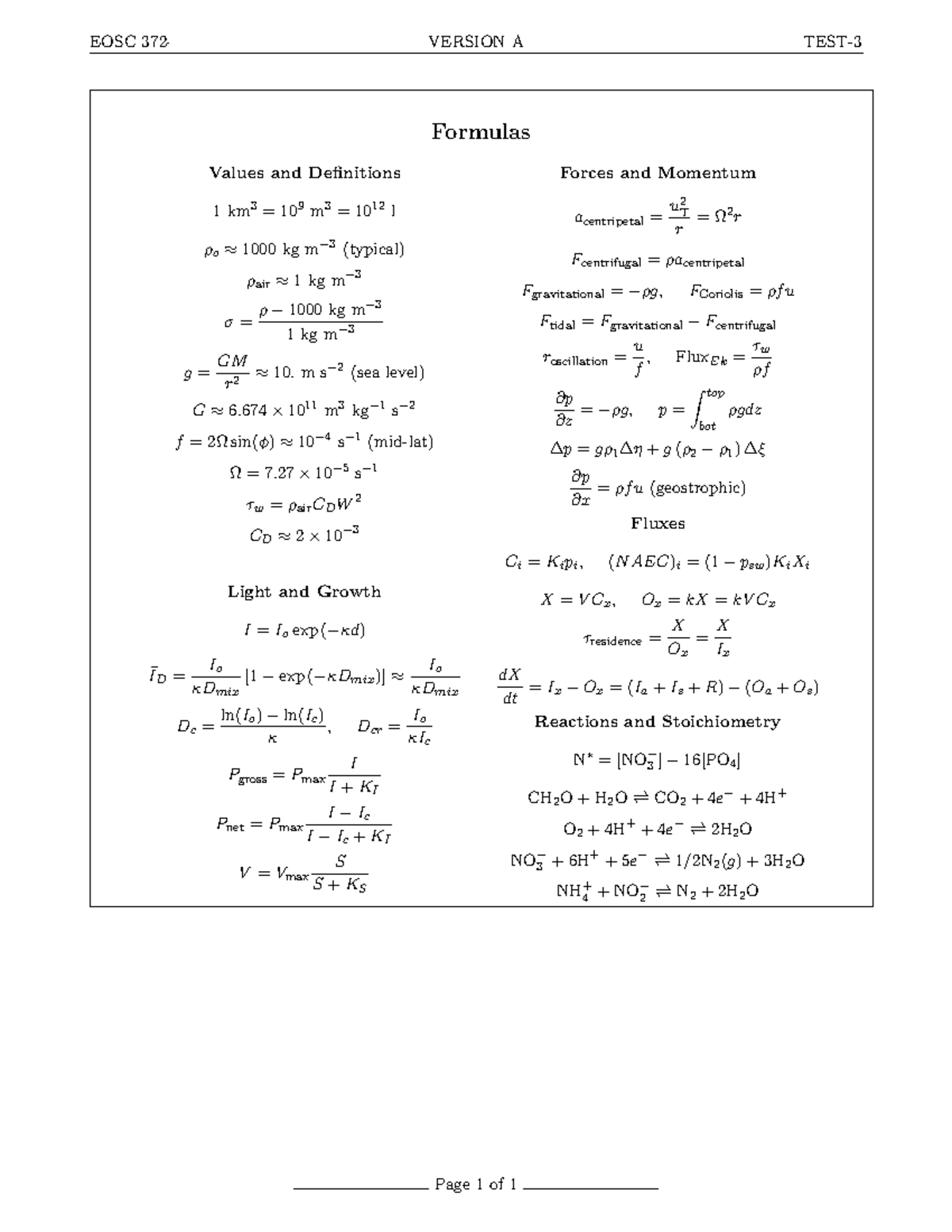 Test3 formulasheet - EOSC Midterm 3 formulas thus far - EOSC 372-2019 ...