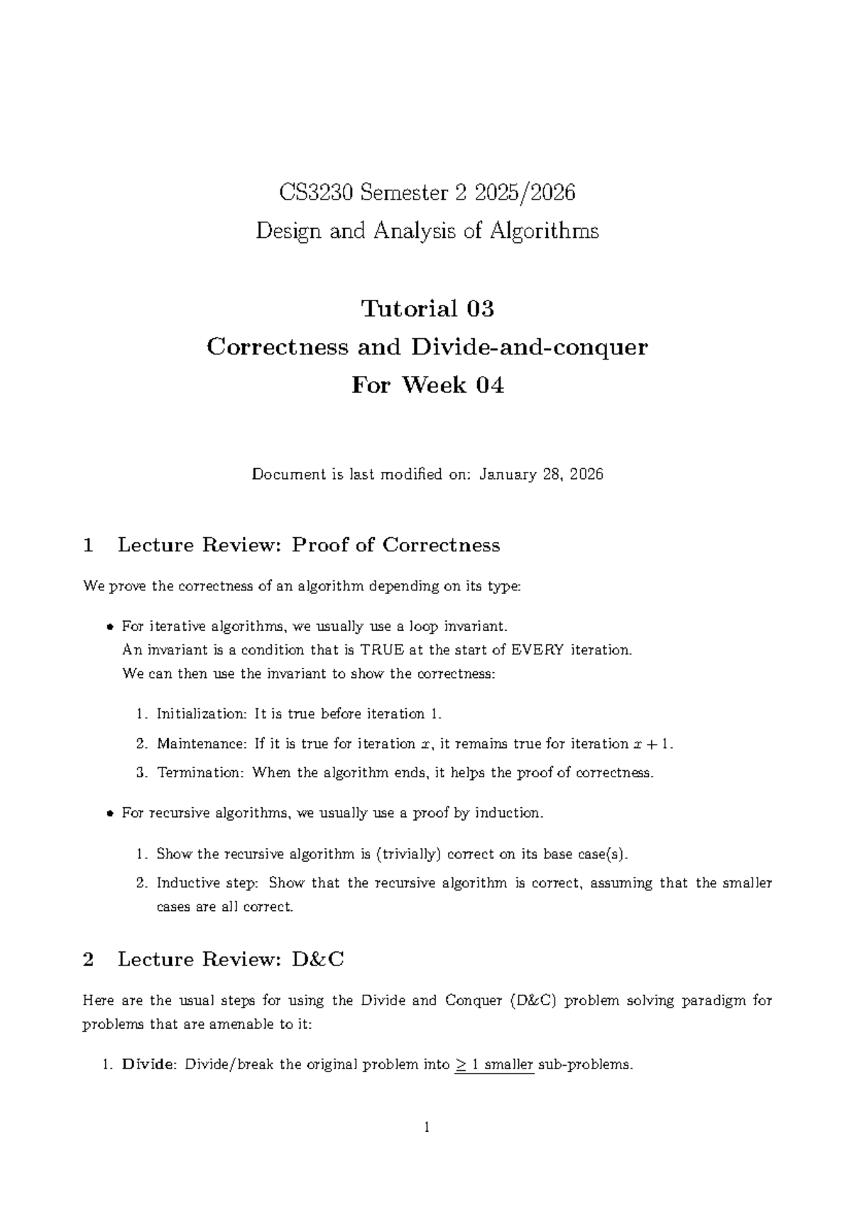 CS3230 Semester 2 Tutorial 03: Design & Analysis of Algorithms - Studocu