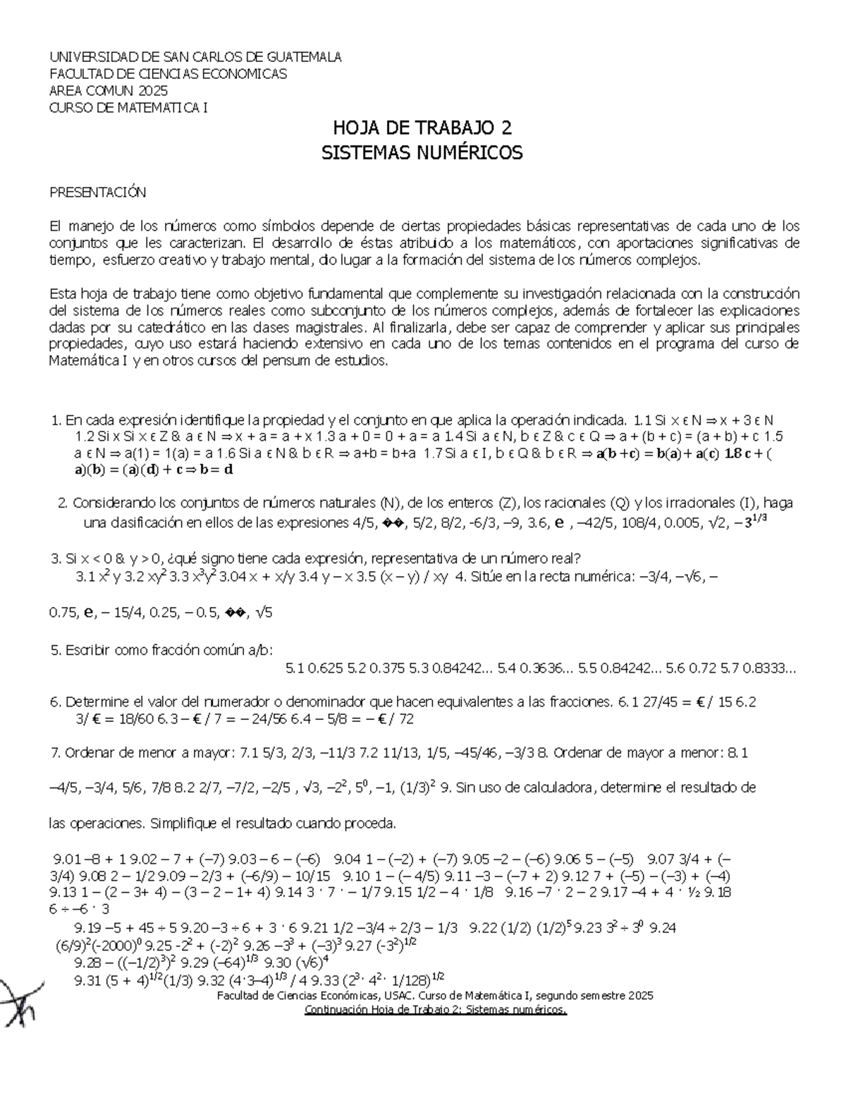 MI 2025 HOJA DE TRABAJO 2: Sistemas Numéricos y Conjuntos - Document Preview