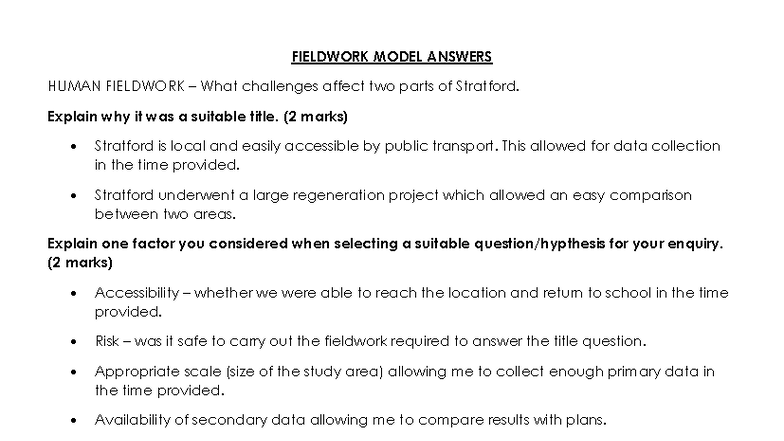 Fieldwork Model Answers: Human & Physical Geography (GEOG 101) - Studocu