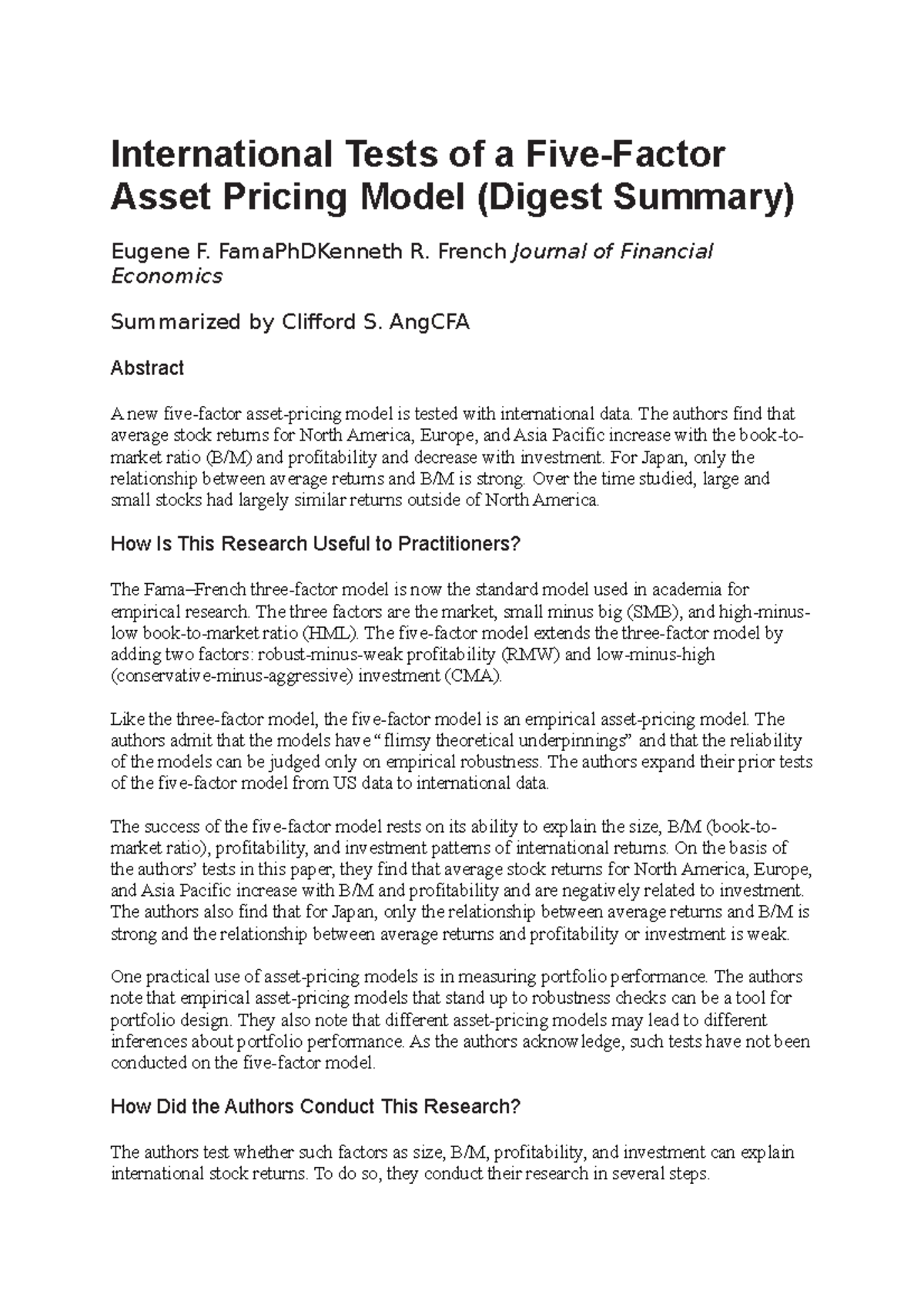 International Tests of Five-Factor Asset Pricing Model - Summary ...