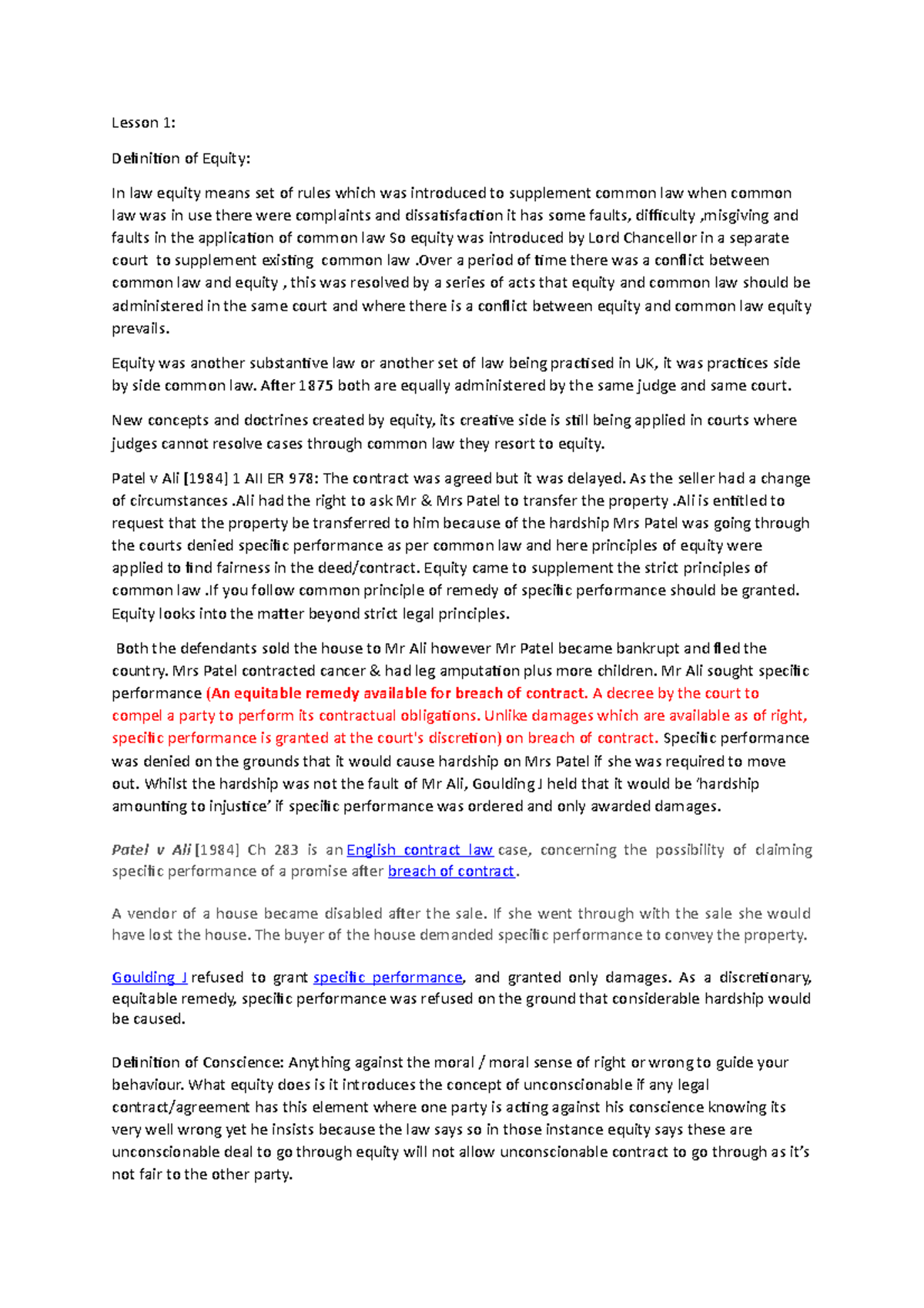 Equity and Trusts Lecture Notes: Understanding Key Concepts and Cases ...