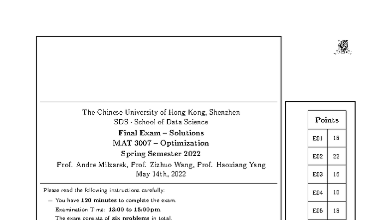 Spring 2022 Final Exam Solutions: MAT 3007 Optimization - Studocu