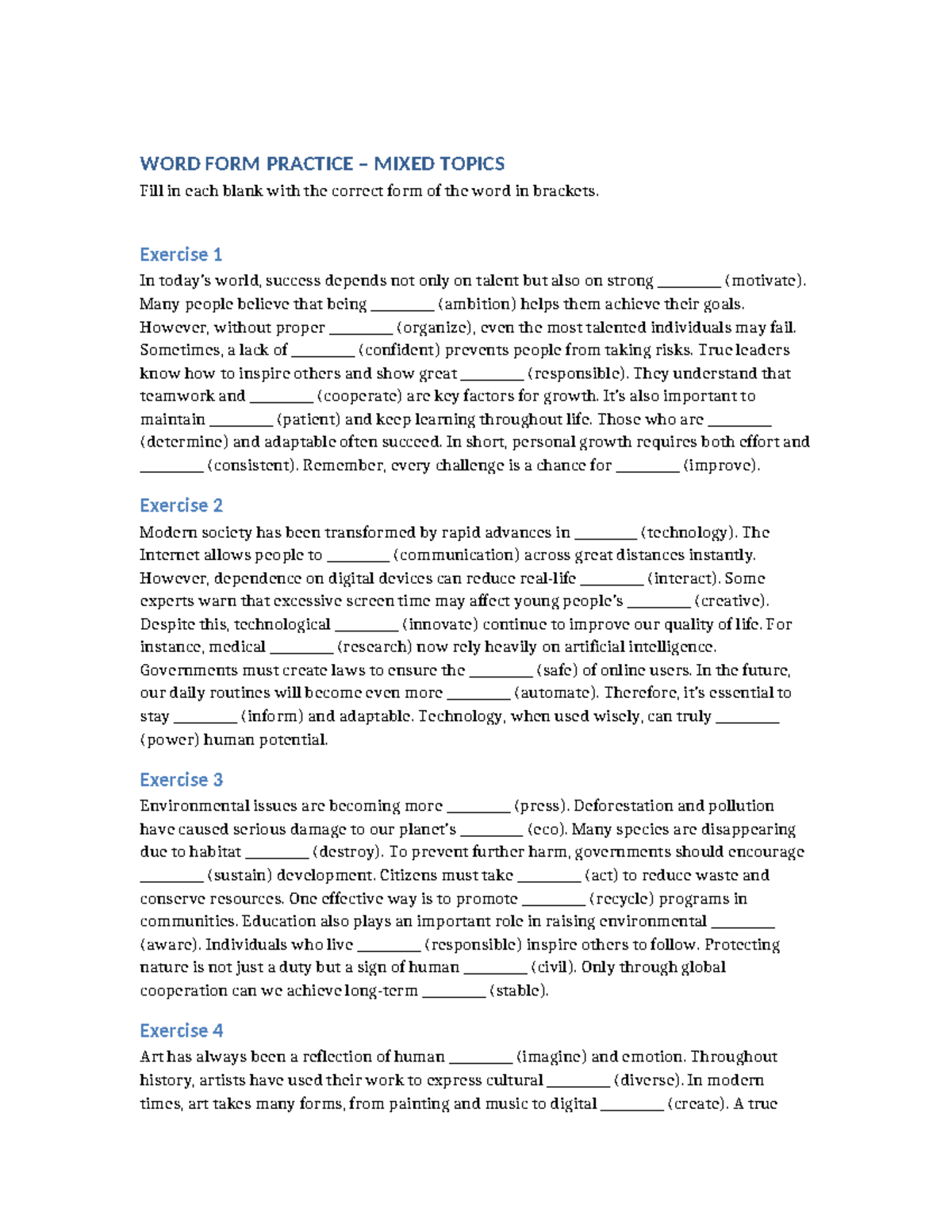 WORD FORM PRACTICE MIXED TOPICS: Exercises and Key Concepts - Studocu