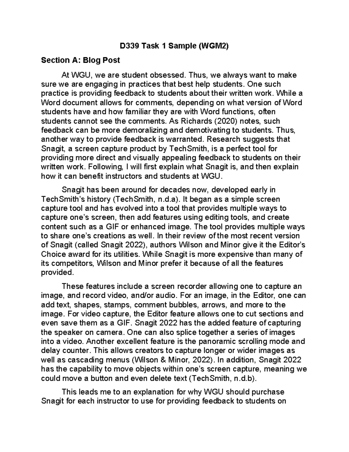 D339 Task 1 Sample: Enhancing Student Feedback with Snagit - Studocu