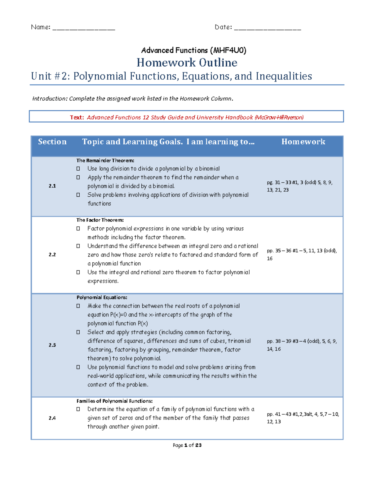 Advanced Functions (MHF4U0) Unit 2 Polynomial Functions Homework Guide ...