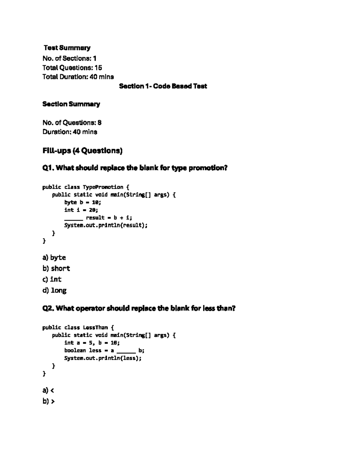 JAVA MOCK Paper: Test Summary with 15 Questions and 1 Section - Studocu