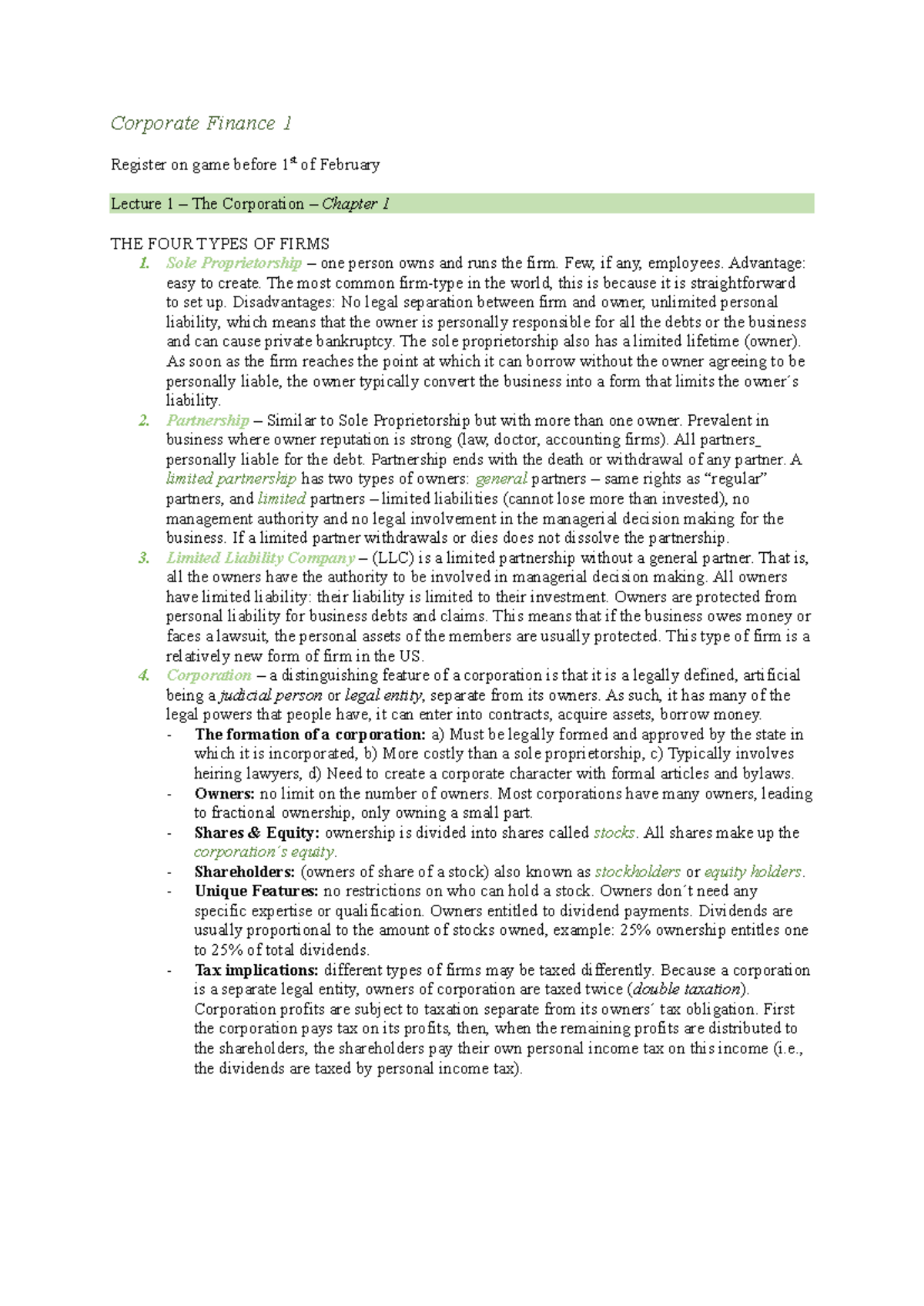 Corporate Finance 1 - Comprehensive Lecture Notes and Key Concepts ...