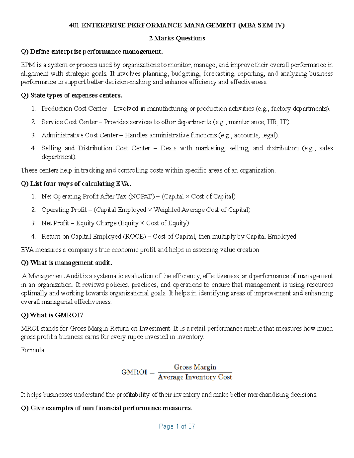 EPM 401: Enterprise Performance Management - Solved Q&A Notes - Studocu