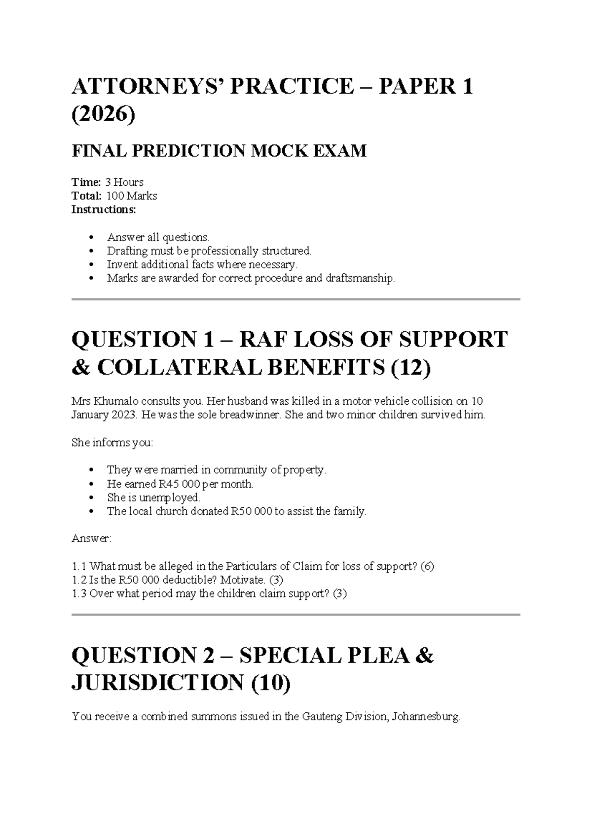 PRACTICE PAPER 1 (2026) FINAL PREDICTION MOCK EXAM - Studocu