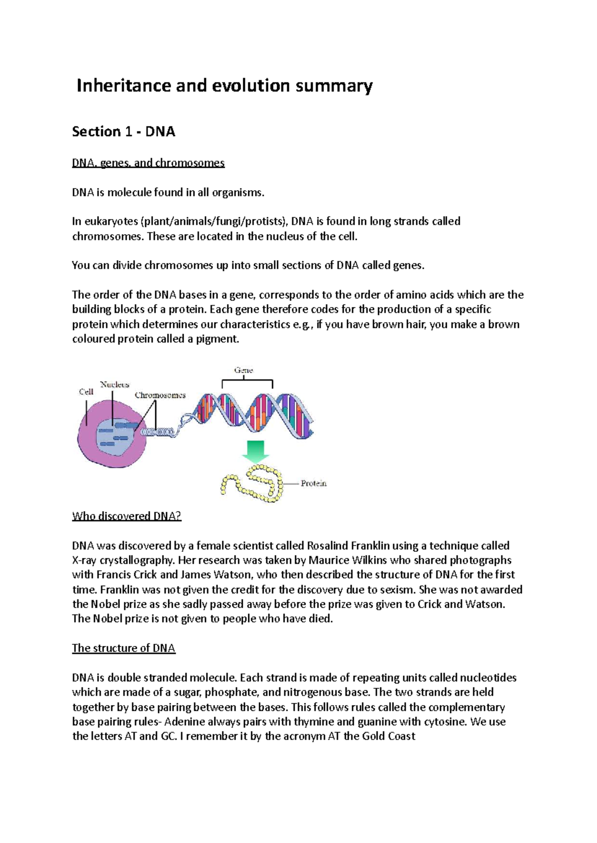 Inheritance and Evolution Summary: Key Concepts and Discoveries - Studocu