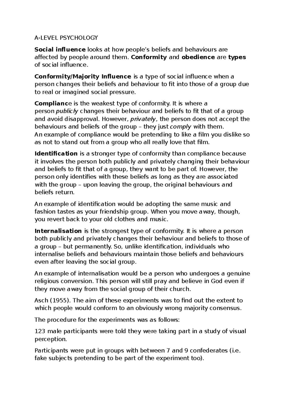 PSYCHOLOGY A-Level: Social Influence Concepts and Experiments - Studocu