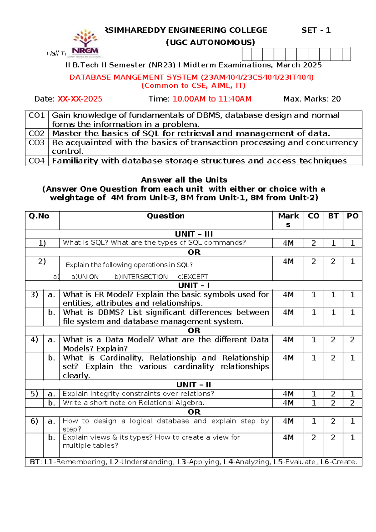 DBMS Midterm Exam - NR23 Descriptive Paper (II B.Tech II Sem) - Studocu