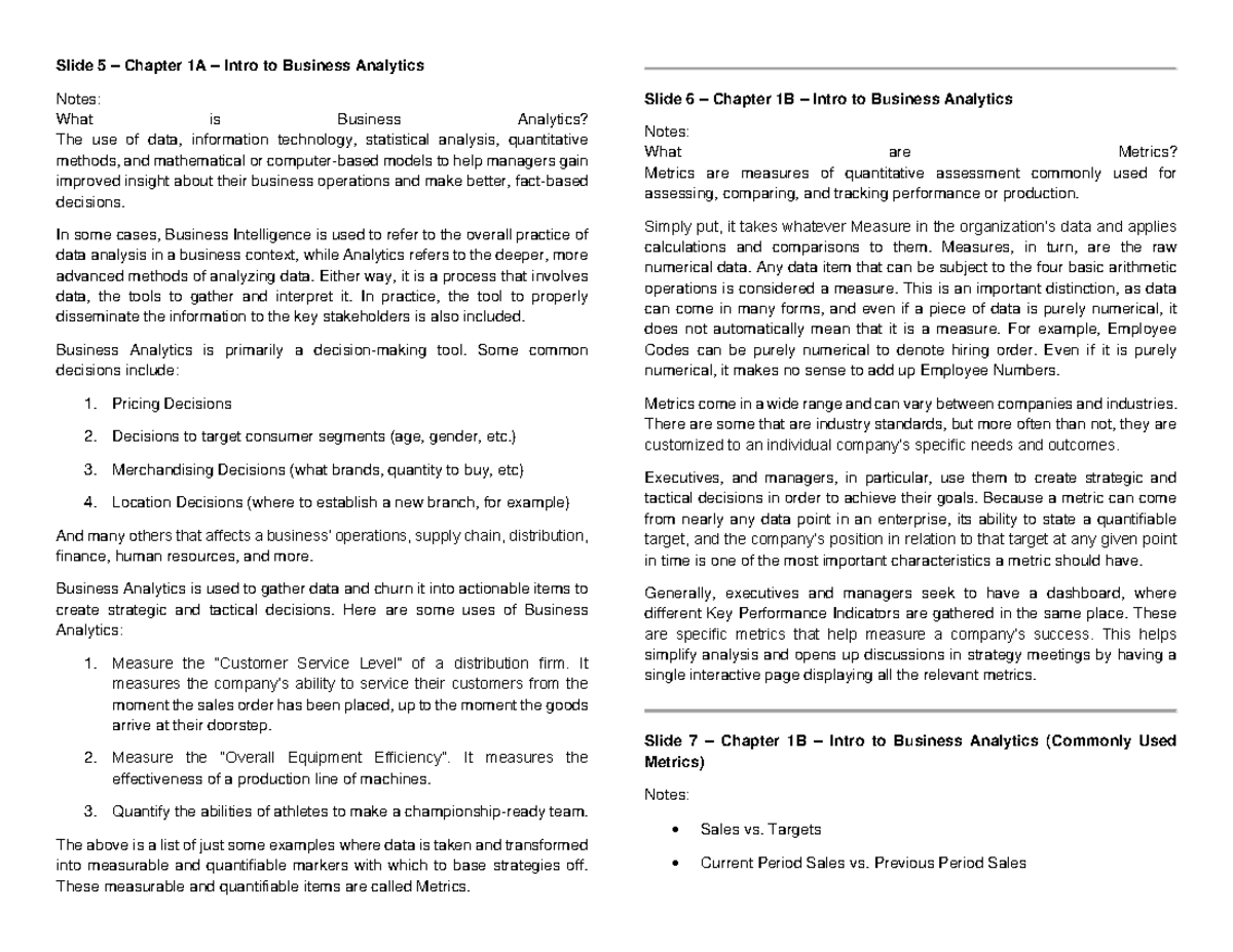 BA 411 Final Exam Notes: Intro to Business Analytics (Chapters 1 & 2 ...