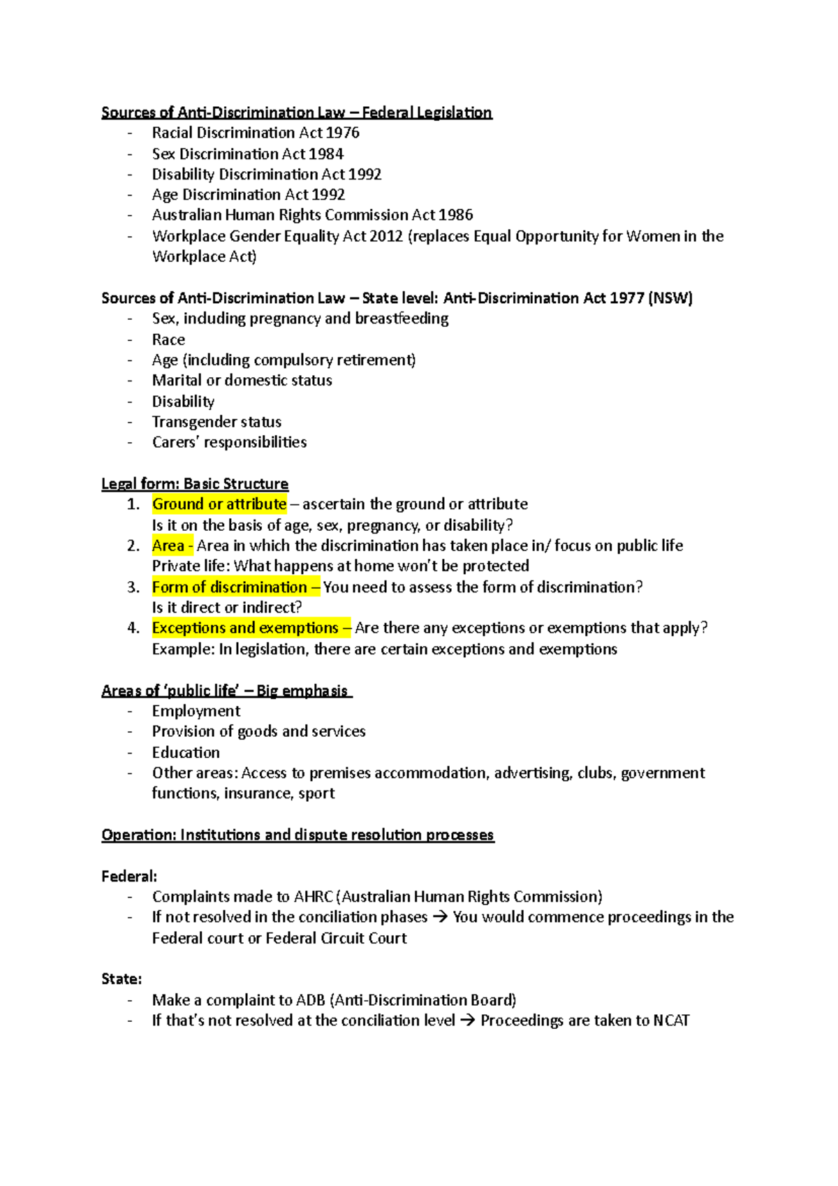 LAW 101: Week 1 Lecture Notes on Anti-Discrimination Laws - Studocu