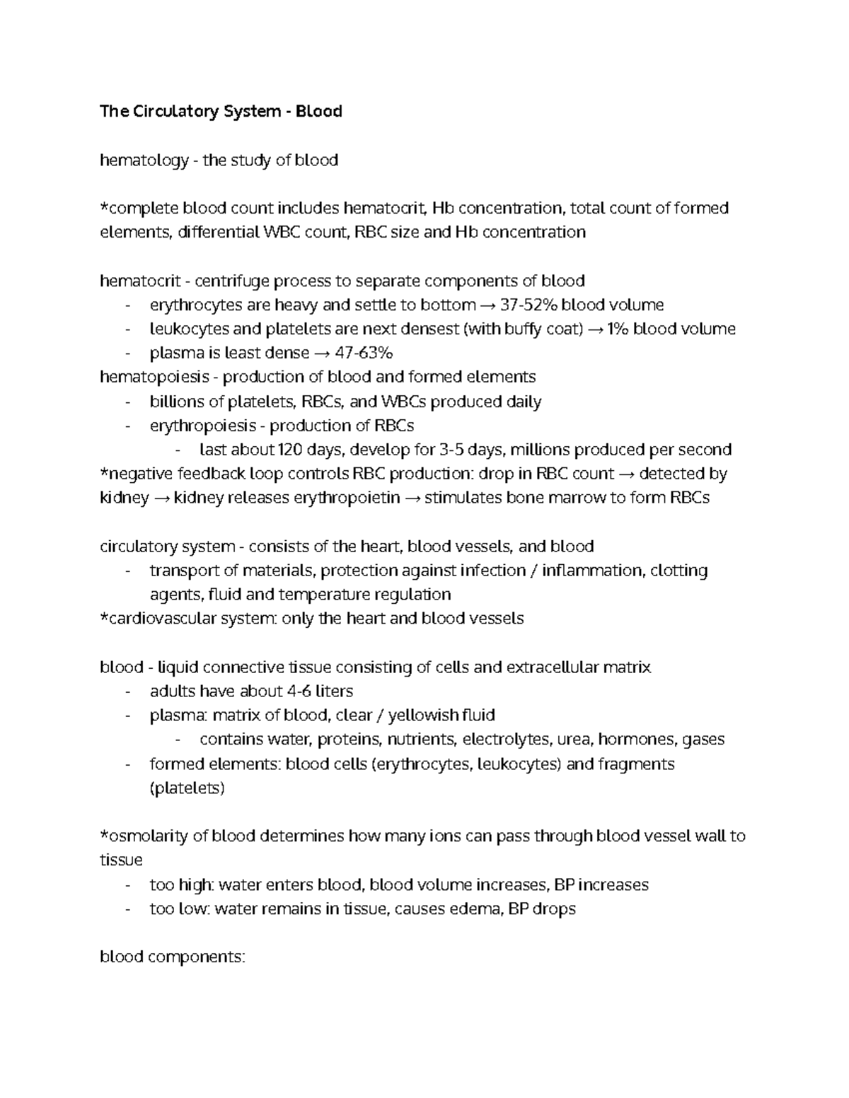 ERAU BIO 306 Circulatory System Blood Chapter 18 Study Notes - Studocu