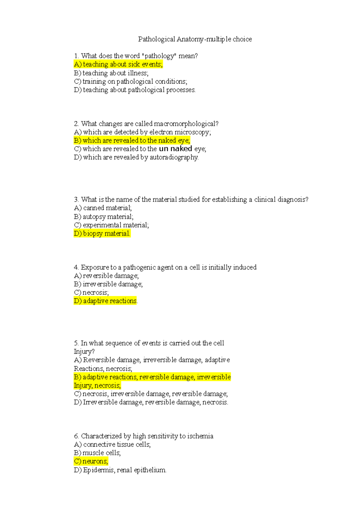 MCQs-3 for Pathology: Understanding Pathological Anatomy Concepts - Studocu