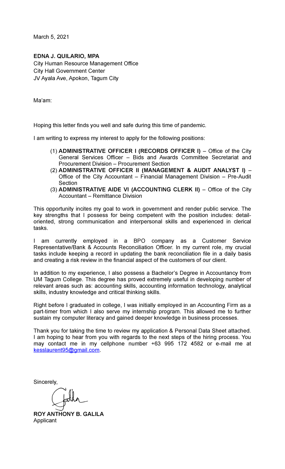Application Letter for LGU Tagum - Roy - March 5, 2021 EDNA J. QUILARIO ...