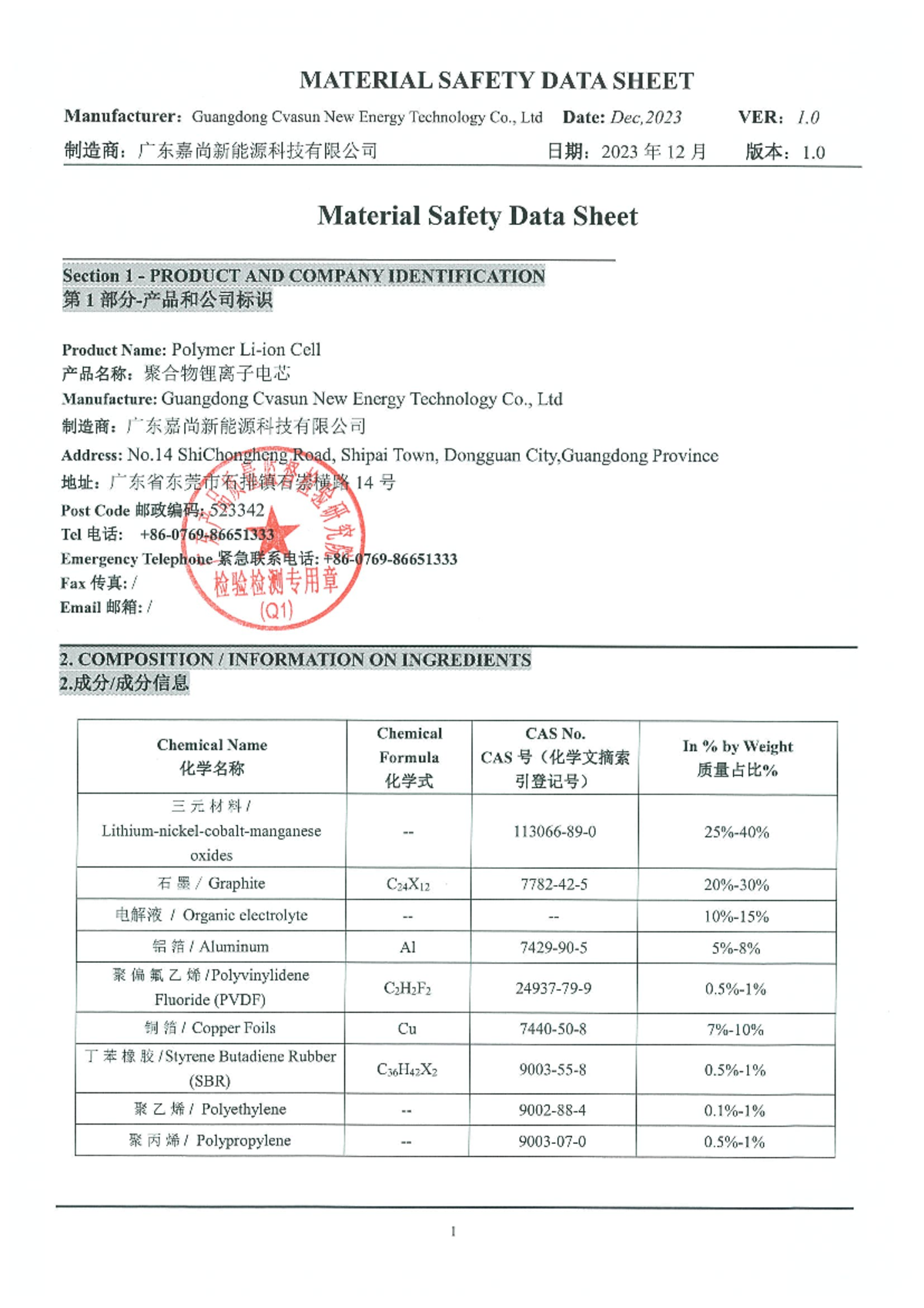 MSDS for Polymer Cell - Guangdong Cvasun New Energy Tech (Dec 2023 ...