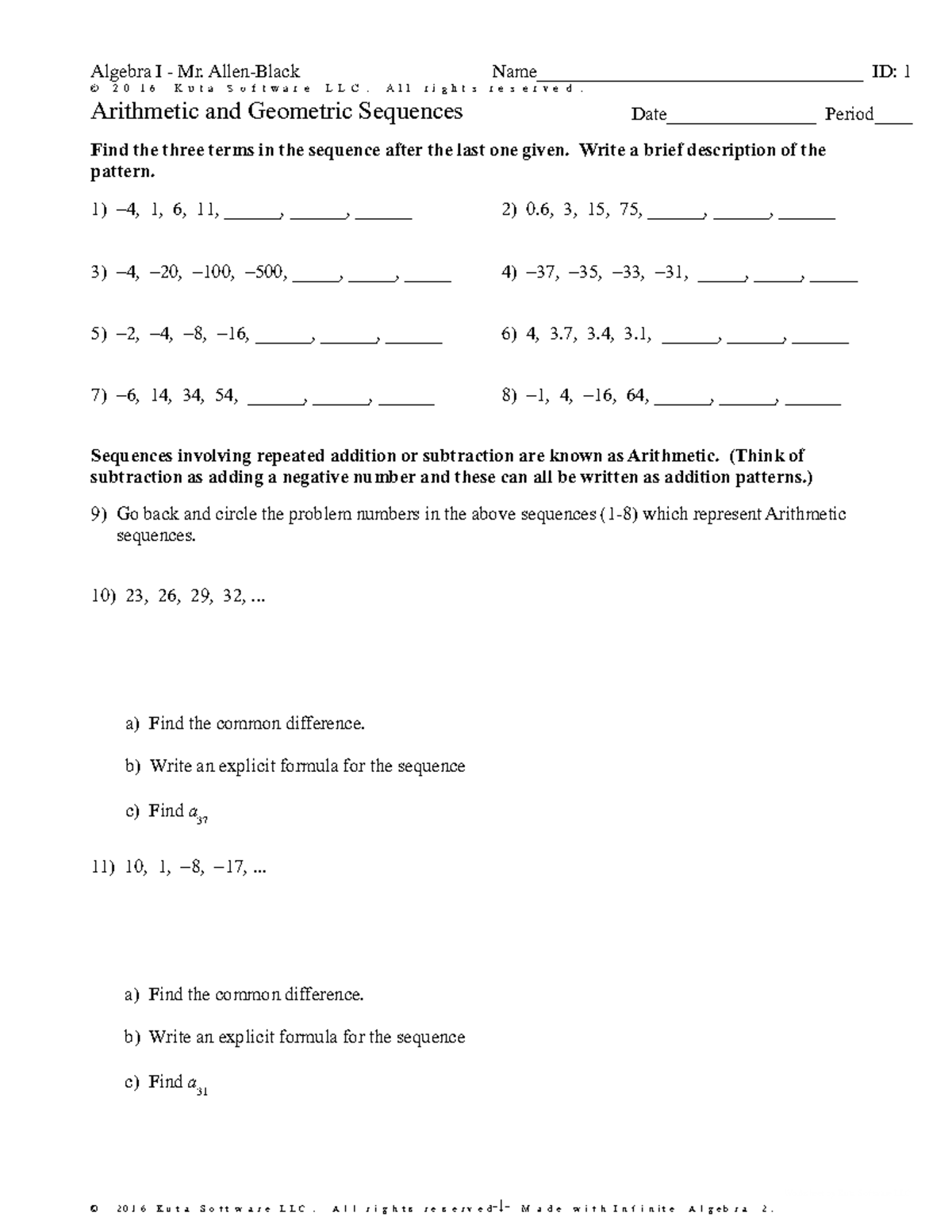 Algebra I: Arithmetic and Geometric Sequences Worksheet - Studocu